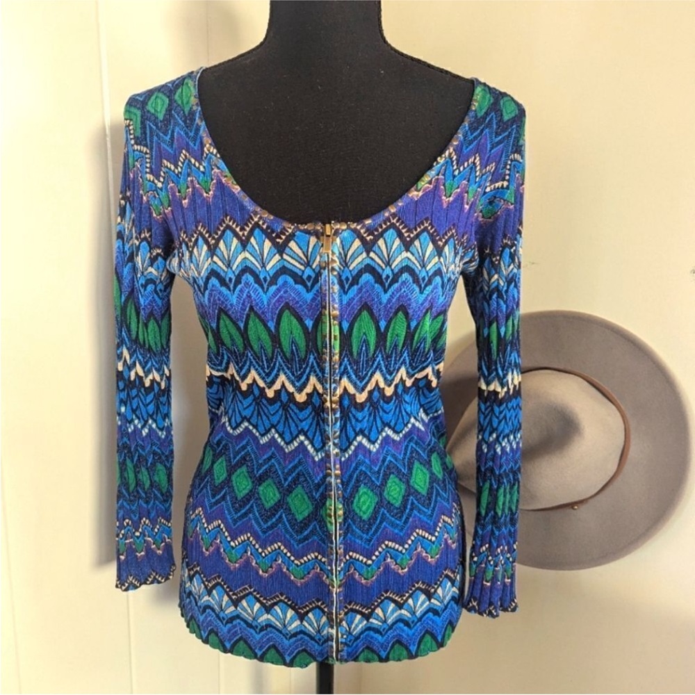 Cache 90s Zip Up Peacock Print Ribbed Top
